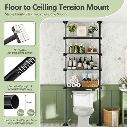 Bonpally Over The Toilet Storage Shelf, 4-Tier Adjustable Bathroom Organizer, No Drill Tension Mounted Shelves, Space-Saving Bathroom Cabinet Rack Above Toilet for Small Rooms