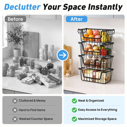 SUNALLY Stackable Metal Wire Baskets for Pantry Organizer, 4/6-Pack Kitchen Countertop Storage Potato Onion Vegetable Fruit Basket, Freezer Organizer Bins with Handle