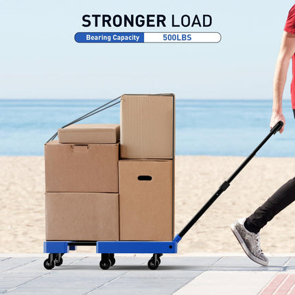 Yeabett Folding Hand Truck, 500 LB Capacity Luggage Cart, Portable Folding Dolly with 6 Wheels and 2 Elastic Ropes for Luggage, Personal, Travel, Auto, Moving and Office Use, Blue