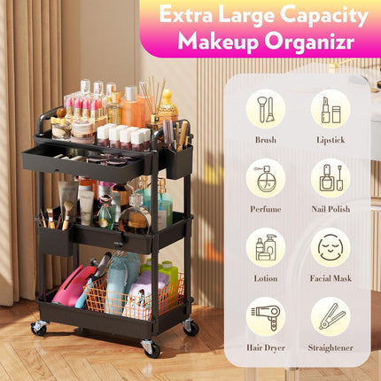 Makeup Cart Organizer with  Drawers, Floor Skincare Organizers Vanity Storage Organizer, Rolling Makeup Bathroom Storage Cart Cosmetics Display Cases for Skin Care Perfume Nail Polish, Black