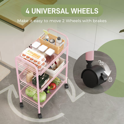 Yeabett 3-Tier Slim Metal Rolling Storage Cart,Mobile Shelving Organizer Utility with Wheels & 4 Side Hooks, Unit Slide Out Mesh Storage Cart for Kitchen Bathroom Pantry