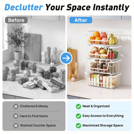 SUNALLY Stackable Metal Wire Baskets for Pantry Organizer, 4/6-Pack Kitchen Countertop Storage Potato Onion Vegetable Fruit Basket, Freezer Organizer Bins with Handle