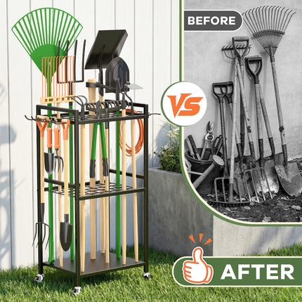 Garden Tool Organizer Rack with Hooks and wheels, Holds Up to 35 Long-Handled Tools, Rakes and Brooms, Metal Steel Stand for Shed or Outdoor Storage Backyard
