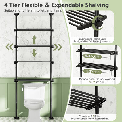 Yeabett 4-Tier over the Toilet Storage Shelf,bathroom Organizer Adjustable Saver Space Rack,no Drill Tension Mounted Shelves,Bathroom Cabinet Rack Above Toilet for Small Rooms