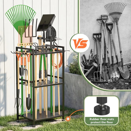 Garden Tool Organizer Rack with Hooks and wheels, Holds Up to 35 Long-Handled Tools, Rakes and Brooms, Metal Steel Stand for Shed or Outdoor Storage Backyard