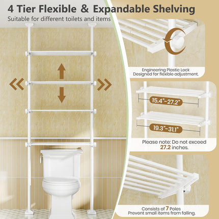 Yeabett 4-Tier over the Toilet Storage Shelf,bathroom Organizer Adjustable Saver Space Rack,no Drill Tension Mounted Shelves,Bathroom Cabinet Rack Above Toilet for Small Rooms