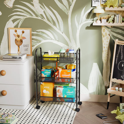 Yeabett 3-Tier Slim Metal Rolling Storage Cart,Mobile Shelving Organizer Utility with Wheels & 4 Side Hooks, Unit Slide Out Mesh Storage Cart for Kitchen Bathroom Pantry