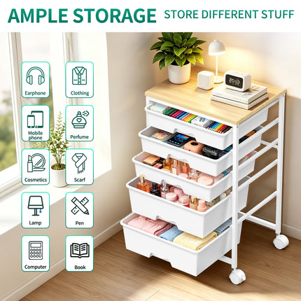 SUNALLY Utility Cart with 8 Drawers, Rolling Storage Drawer Organizers with Wooden Tabletop and Lockable Wheels, 5/8 Tier Craft Trolley Cart for Bedroom Office Dorm