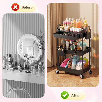 Makeup Cart Organizer with  Drawers, Floor Skincare Organizers Vanity Storage Organizer, Rolling Makeup Bathroom Storage Cart Cosmetics Display Cases for Skin Care Perfume Nail Polish, Black