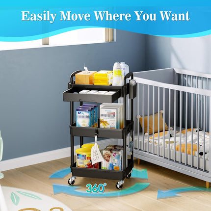 Yeabett 3 Tier Rolling Storage Carts with Removable Drawers, Lockable Wheels, Hooks & Cup Holders – Easy Assembly Storage Organizer for Kitchen, Bathroom, Office, Craft Room, Makeup, Black