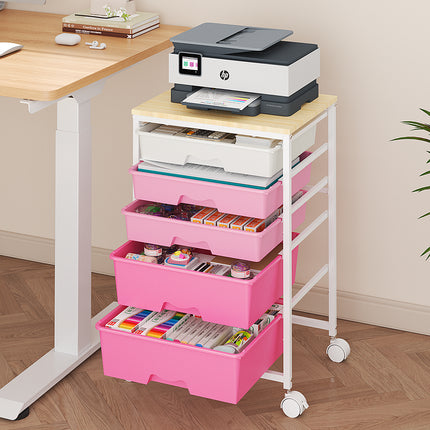 Rolling Storage Cart , Heavy Duty Metal Utility Cart on Lockable Wheels with Wooden Top, Plastic Drawer Organizer Trolley for Office Living Room Classroom Craft Organization