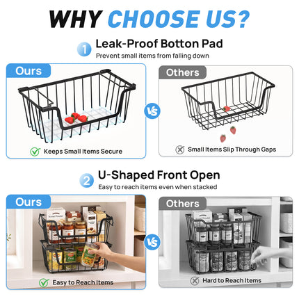 SUNALLY Stackable Metal Wire Baskets for Pantry Organizer, 4/6-Pack Kitchen Countertop Storage Potato Onion Vegetable Fruit Basket, Freezer Organizer Bins with Handle