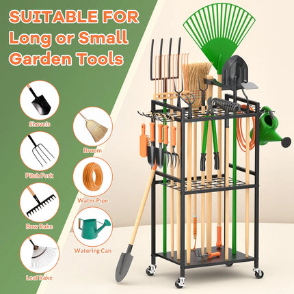 Garden Tool Organizer Rack with Hooks and wheels, Holds Up to 35 Long-Handled Tools, Rakes and Brooms, Metal Steel Stand for Shed or Outdoor Storage Backyard