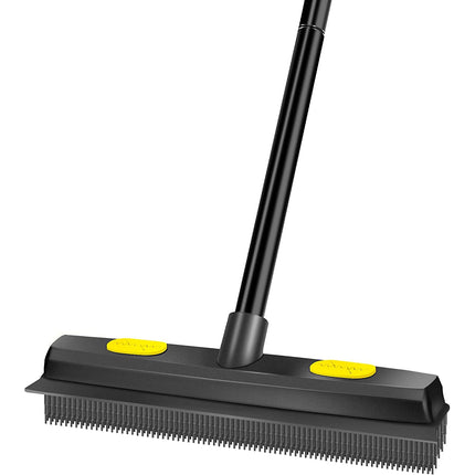 Bonpally Pet Hair Removal Broom Rubber Broom, Carpet Rake Fur Remover Broom with Squeegee and Telescoping Handle, Dog and Cat Hair Remover for Fluff Carpet, Couch, Pet Towers, Rugs, Yellow/Black.