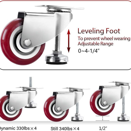 SPACECARE 4 Inches Swivel Caster Wheels, Heavy Duty Casters Set of 4 with Leg Levelers, 1360Lbs with 360 Degree No Noise Furniture Wheels.