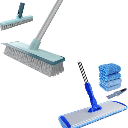 Bonpally Microfiber Mop Floor Cleaning System, Flat Mop for Hardwood Floors, Floor Scrub Brush and Grout Scrub Brush Combo Kit Telescopic Handle, 2 in 1 Scrape and Brush, Shower Floor Brush Scrubber.