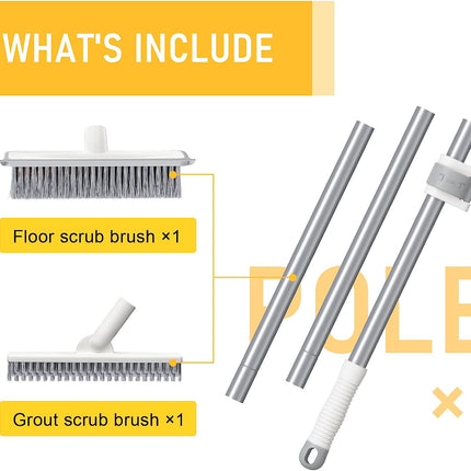 Sunally Floor Scrub Brush and Grout Scrub Brush Combo Kit with 57" Long Handle, 2 in 1 Scrape Brush Stiff Bristle, Shower Floor Scrubber, Deep Cleaning Brush Set for Multiple Scenes, Grey White.