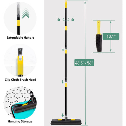 Bonpally Pet Hair Removal Broom Rubber Broom, Carpet Rake Fur Remover Broom with Squeegee and Telescoping Handle, Portable Lint Remover, Dog and Cat Hair Remover for Carpets, Couch, Yellow/Black.