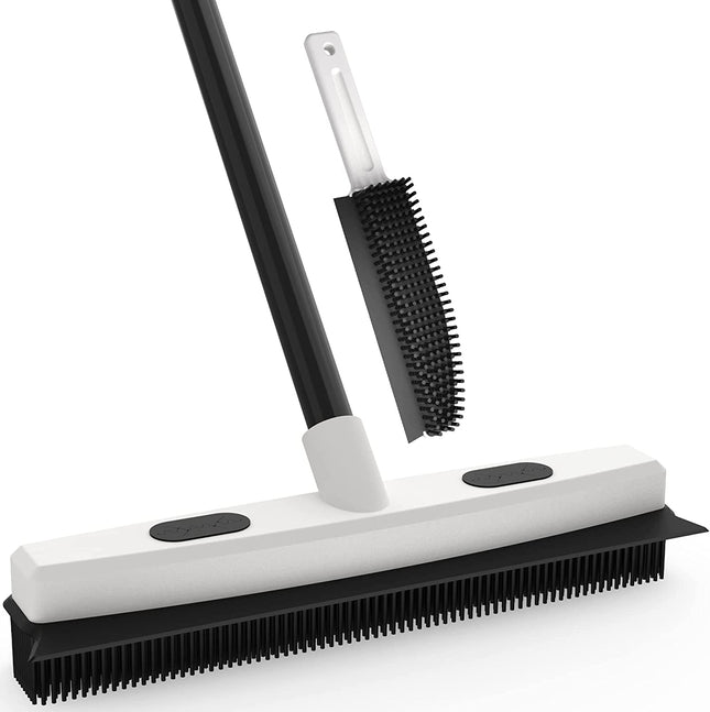 Sunally Rubber Broom Pet Hair Remover, Fur Remover Broom with Squeegee for Fluff Carpet, Hardwood Floor, Tile, Window, Black White, Includes Portable Lint Remover Brush.