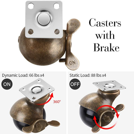 SPACECARE 2 Inches Ball Caster Wheels with Brake 360 Degree Antique Brass Top Plate Casters for Furniture Cabinets Wheelchairs(352 lbs of 4 Packs).