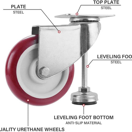 SPACECARE 5 Inches Swivel Caster Wheels, Heavy Duty Casters Set of 4 with Leg Levelers, 1460Lbs with 360 Degree No Noise Furniture Wheels.