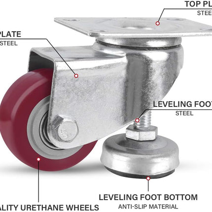 SPACECARE 2.5 Inches Swivel Caster Wheels, Heavy Duty Casters Set of 4 with Leg Levelers, 1000Lbs with 360 Degree No Noise Furniture Wheels.