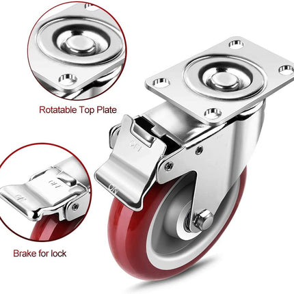 Spacecare 5" Caster Wheels Set of 4, Lockable Bearing Plate Caster Wheels with Brakes, 360-degree Swivel Casters Wheels for Furniture and Workbench Cart, 1460Lbs with 360 Degree No Noise Plate Castors.