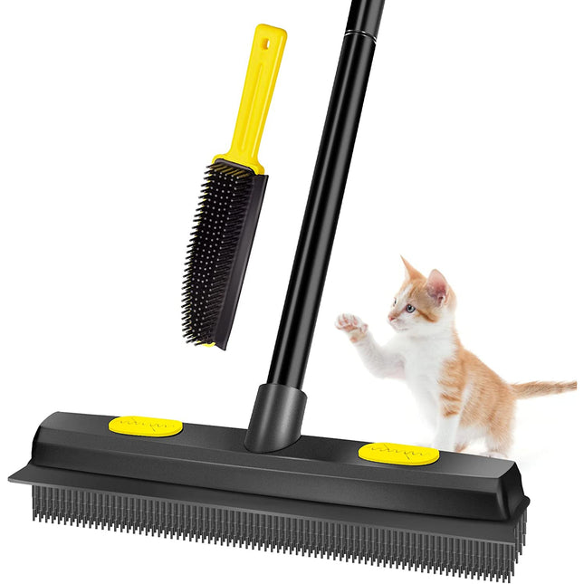 Bonpally Pet Hair Removal Broom Rubber Broom, Carpet Rake Fur Remover Broom with Squeegee and Telescoping Handle, Portable Lint Remover, Dog and Cat Hair Remover for Carpets, Couch, Yellow/Black.