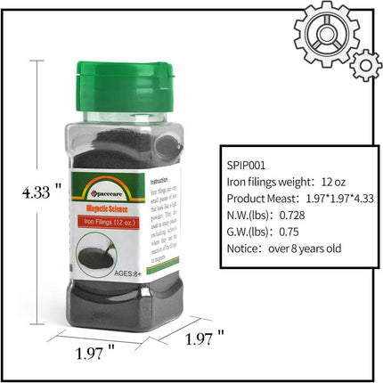 SPACECARE Magnetic Iron Powder Filings for Magnet Education and School Projects, Storage Jar (12 Ounces) with Shaker Lid, 1 Pack.