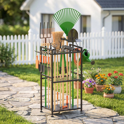 Garden Tool Organizer Rack with Hooks and wheels, Holds Up to 35 Long-Handled Tools, Rakes and Brooms, Metal Steel Stand for Shed or Outdoor Storage Backyard