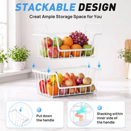 SUNALLY Stackable Metal Wire Baskets for Pantry Organizer, 4/6-Pack Kitchen Countertop Storage Potato Onion Vegetable Fruit Basket, Freezer Organizer Bins with Handle