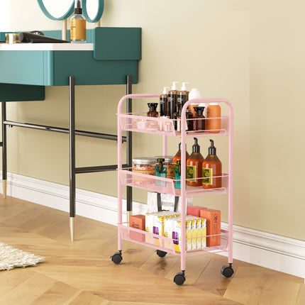 Yeabett 3-Tier Slim Metal Rolling Storage Cart,Mobile Shelving Organizer Utility with Wheels & 4 Side Hooks, Unit Slide Out Mesh Storage Cart for Kitchen Bathroom Pantry