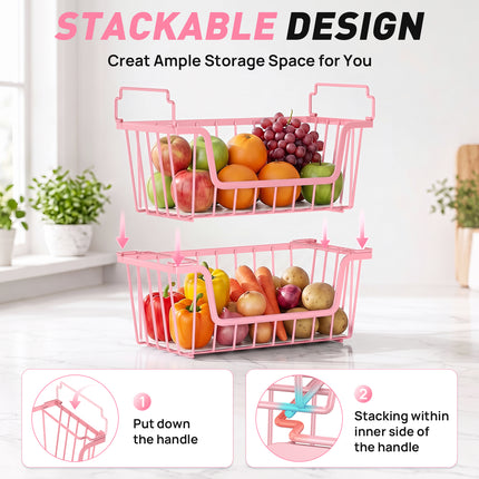 SUNALLY Stackable Metal Wire Baskets for Pantry Organizer, 4/6-Pack Kitchen Countertop Storage Potato Onion Vegetable Fruit Basket, Freezer Organizer Bins with Handle