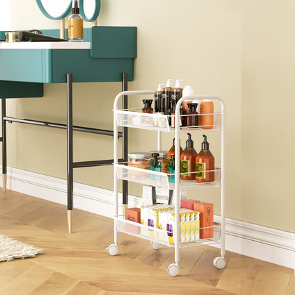 Yeabett 3-Tier Slim Metal Rolling Storage Cart,Mobile Shelving Organizer Utility with Wheels & 4 Side Hooks, Unit Slide Out Mesh Storage Cart for Kitchen Bathroom Pantry