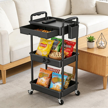 Yeabett 3 Tier Rolling Storage Carts with Removable Drawers, Lockable Wheels, Hooks & Cup Holders – Easy Assembly Storage Organizer for Kitchen, Bathroom, Office, Craft Room, Makeup, Black