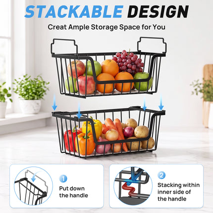 SUNALLY Stackable Metal Wire Baskets for Pantry Organizer, 4/6-Pack Kitchen Countertop Storage Potato Onion Vegetable Fruit Basket, Freezer Organizer Bins with Handle