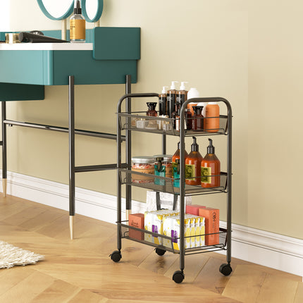 Yeabett 3-Tier Slim Metal Rolling Storage Cart,Mobile Shelving Organizer Utility with Wheels & 4 Side Hooks, Unit Slide Out Mesh Storage Cart for Kitchen Bathroom Pantry