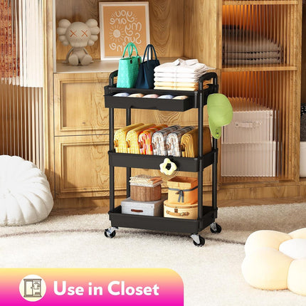 Makeup Cart Organizer with  Drawers, Floor Skincare Organizers Vanity Storage Organizer, Rolling Makeup Bathroom Storage Cart Cosmetics Display Cases for Skin Care Perfume Nail Polish, Black