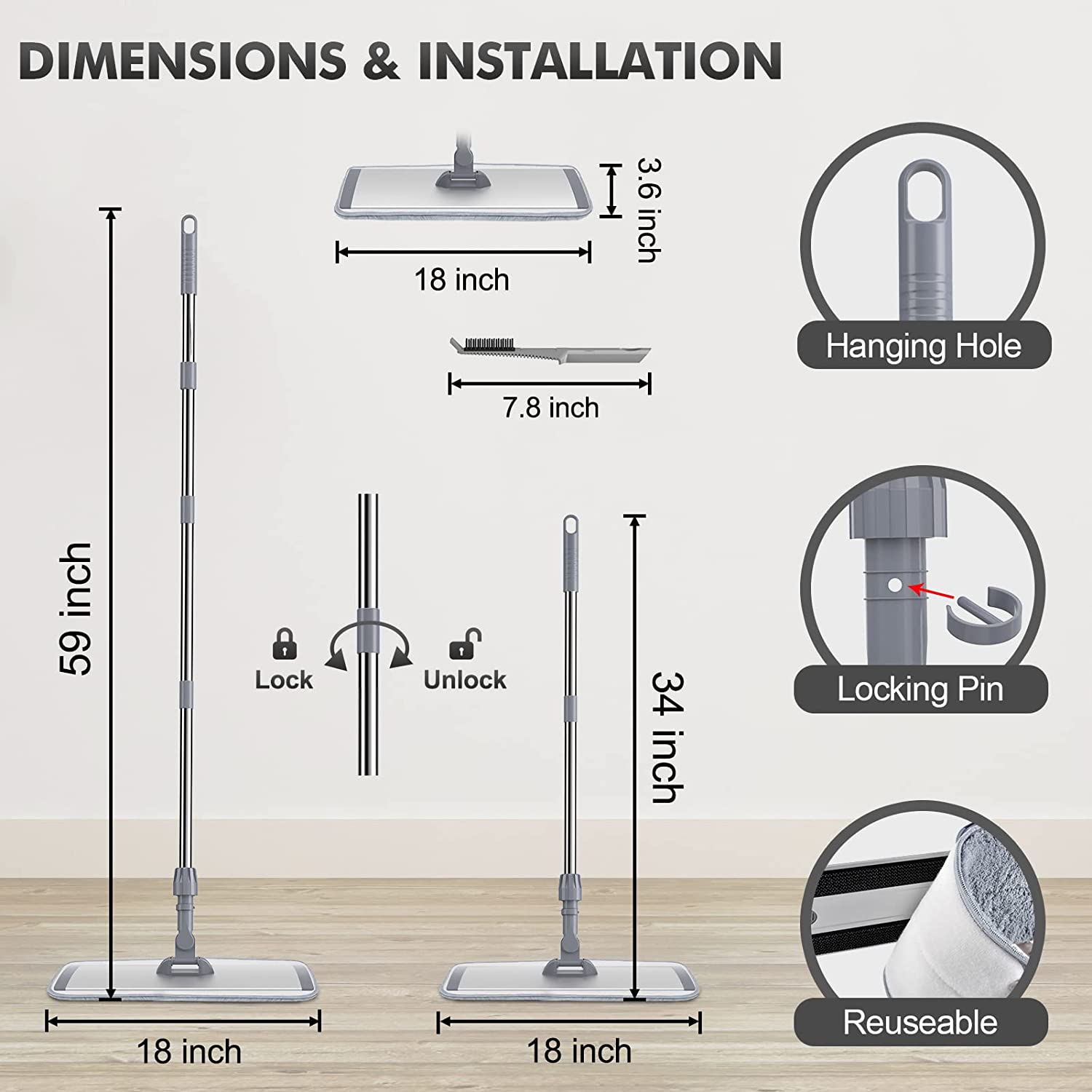 Bonpally 18 Microfiber Mop Floor Cleaning System, Flat Mop for Hardwood  Floors, Grout Scrub Brush with 57 Telescopic Handle, Shower Floor Brush