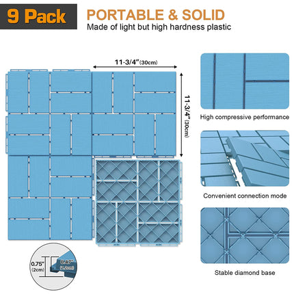 Goovilla Plastic Interlocking Deck Tiles, 9 Pack Outdoor Patio Flooring, 12"x12" Interlocking Decking Tile Outdoor All Weather Use, Waterproof Patio Paver for Pool Balcony Backyard Porch, Blue….