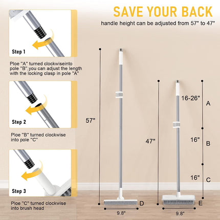 Sunally Floor Scrub Brush and Grout Scrub Brush Combo Kit with 57" Long Handle, 2 in 1 Scrape Brush Stiff Bristle, Shower Floor Scrubber, Deep Cleaning Brush Set for Multiple Scenes, Grey White.