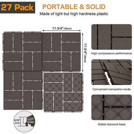 Goovilla Plastic Interlocking Deck Tiles, 27 Pack Outdoor Patio Flooring, 12"x12" Interlocking Decking Tile Outdoor All Weather Use, Waterproof Patio Paver for Pool Balcony Backyard Porch, Dark Coffee.