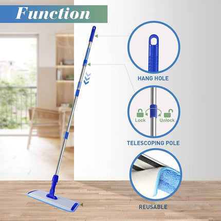 Bonpally 18" Microfiber Mop Floor Cleaning System, Flat Mop for Hardwood Floors, Professional Commercial Mop, Wet and Dust Mop with Extendable Handle, 4 Reusable Mop Pads, Household Cleaning Tools.