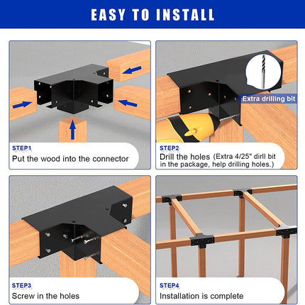 VANCASTLE Pergola Kit, 304 Stainless Steel Pergola Brackets 4x4(inner 3.62"x3.62"), 2Pack Coated 4-Way Right Angle Corner Bracket, Heavy Duty Metal Wood DIY Pergola Hardware Kit for Gazebo 4”x4” Lumber.