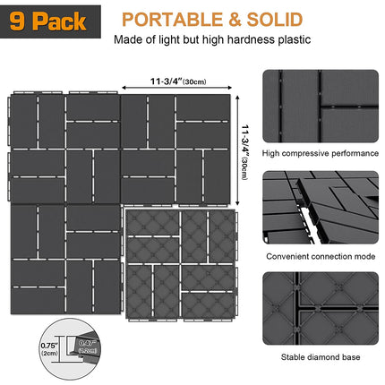 Goovilla Plastic Interlocking Deck Tiles, 9 Pack Outdoor Patio Flooring, 12"x12" Interlocking Decking Tile Outdoor All Weather Use, Waterproof Patio Pavers for Pool Balcony Backyard Porch, Dark Grey.