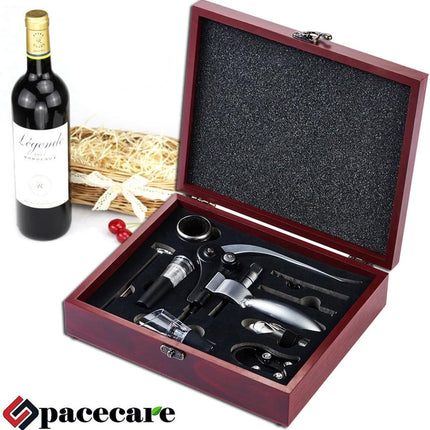 SPACECARE Wine Opener Kit,Stainless Steel Red Wine Beer Bottle Opener Wing Corkscrew,aerator, Thermometer, Stopper, and Accessories Set with Dark Cherry Wood Case - 9 Piece.