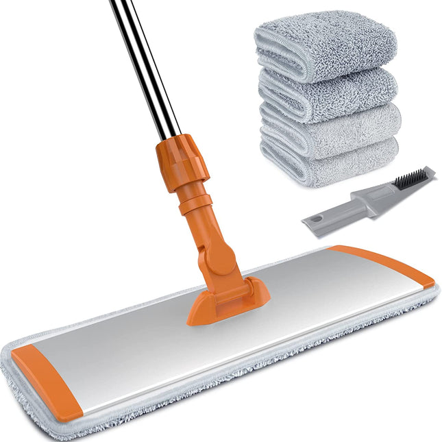 Bonpally 18" Microfiber Mop Floor Cleaning System,Flat Mop for Hardwood Floor,Professional Commercial Mop,Wet and Dust Mop with Extendable Handle,4 Reusable Mop Pads,Household Cleaning Tool,Orange.