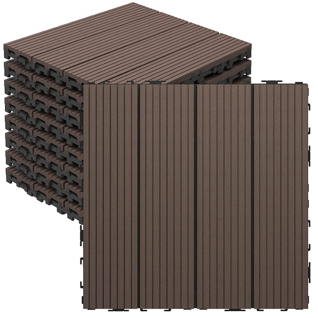 Goovilla Wood Plastic Composite Interlocking Patio Deck Tiles 9 Pack (9 sq. ft), 12"x12" Waterproof Indoor Outdoor Flooring All Weather Use, Balcony Floor Covering Tile, Decking Tiles, Dark Brown.