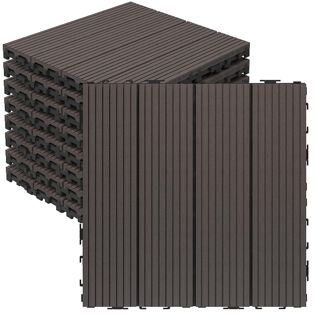 Goovilla Wood Plastic Composite Interlocking Patio Deck Tiles 9 Pack (9 sq. ft), 12"x12" Waterproof Indoor Outdoor Flooring All Weather Use, Balcony Floor Covering Tile, Decking Tiles, Dark Coffee.