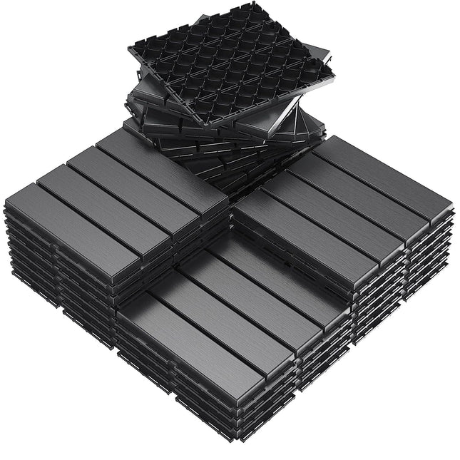 VANCASTLE Plastic Interlocking Deck Tiles, 12"x12"(Pack of 27), Patio Flooring Outdoor Waterproof All Weather Use, Outdoor Flooring for Patio Garden Poolside Front/Back Yard, Dark Grey-Straight.